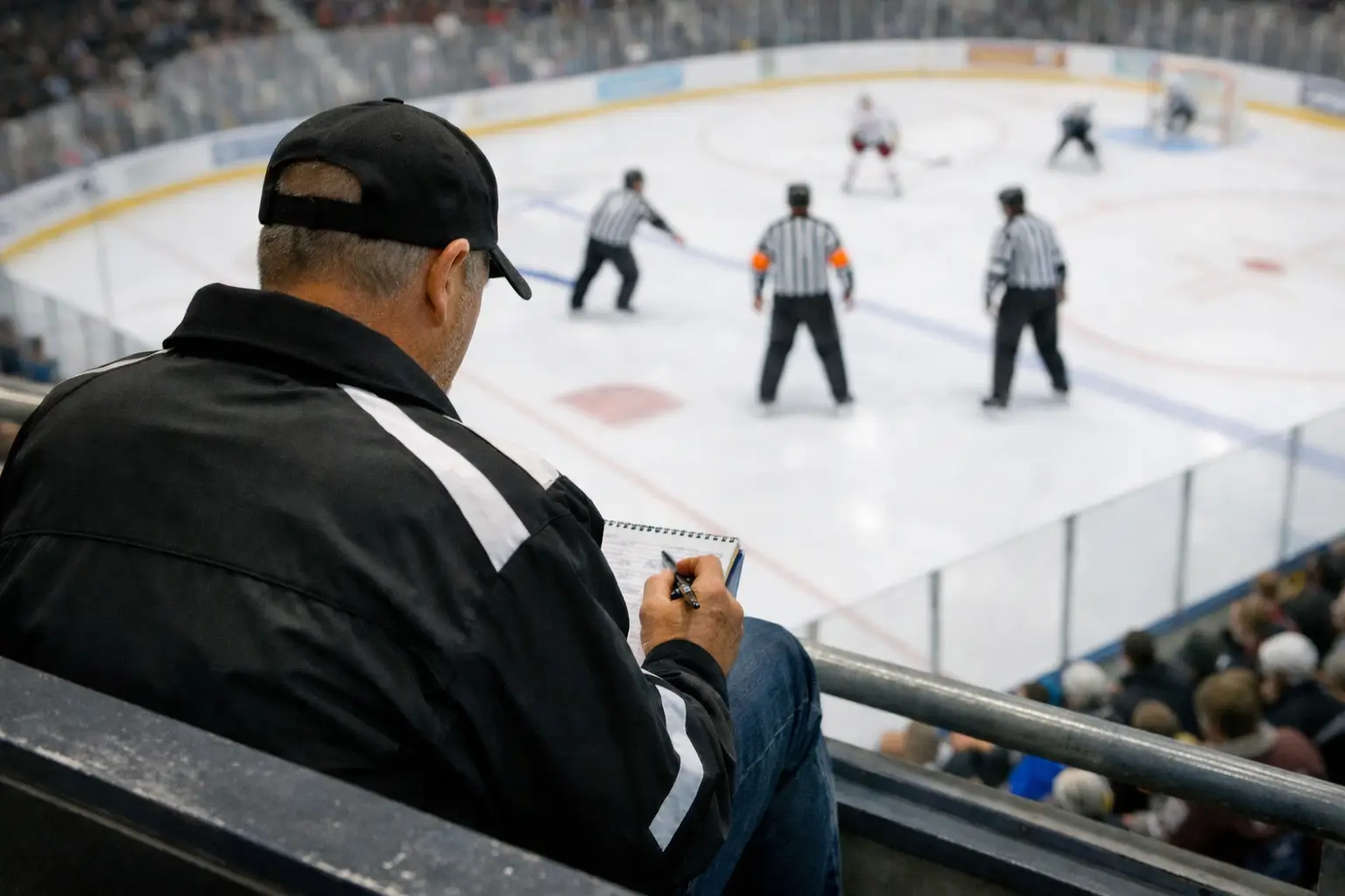 Ishockeydomare tillsammans på isen